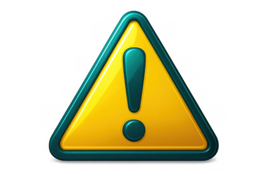 Warning sign featuring yellow triangular shape, bold exclamation point, teal border on transparent background signaling potential hazard