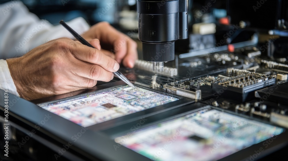 Poster a closeup of a technician assembling a mmwave antenna array with inpackage photonic components empha