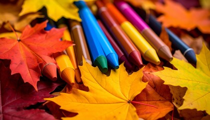 Vibrant art crayons on a bed of colorful autumn leaves, a creative concept for the fall season and back to school.