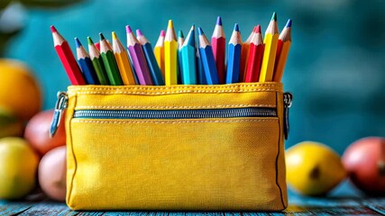 Back to School Colorful Pencil in a Yellow Pouch and Fruits Still Life Composition - Powered by Adobe