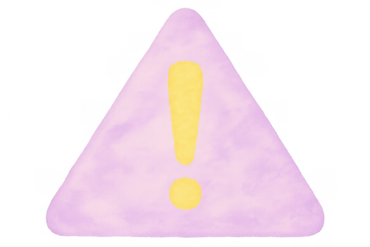 Purple watercolor triangle with yellow exclamation mark conveying caution or alert, isolated on transparent background