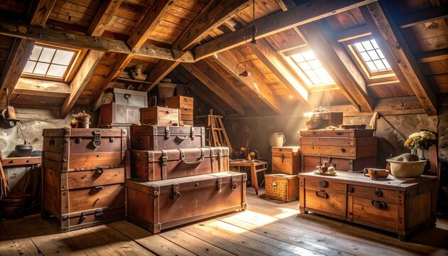 Sunlit Attic Filled With Vintage Trunks And Storage Boxes
