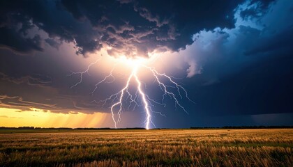 Dramatic Lightning Strike Over Golden Field At Sunset