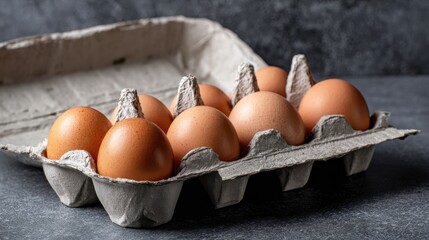 Fresh Brown Eggs in Cardboard Carton on Dark Background