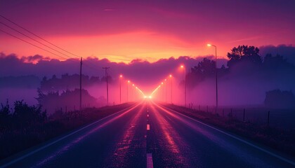 Pink Purple Sunset Highway In Fog