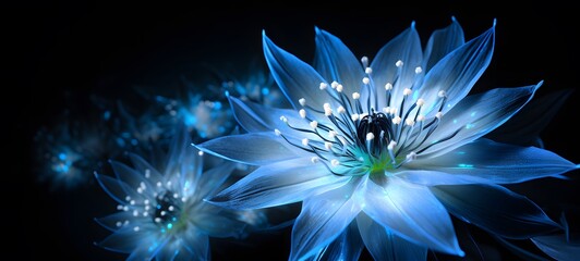 The black background contrasts sharply with the bright blue silver light emitted by Edelweiss Flower,generative AI