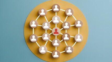 Social Network Structure Showing Connected People In Circular Pattern With Central Red Icon On Blue And Yellow Background

