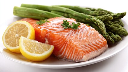 Plate of salmon fillets, asparagus, and lemon slices