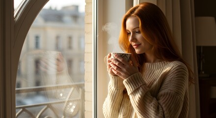 Cozy morning ritual with redhead woman enjoying coffee by sunny window in relaxed sweater, perfect for lifestyle blogs or comforting wellness campaigns