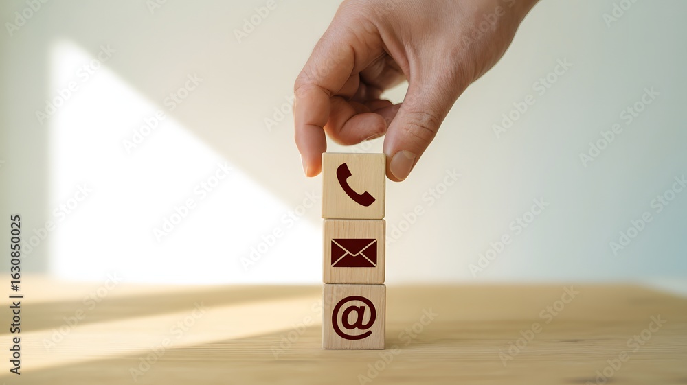Poster hand stacking wooden cubes with contact icons phone email and at symbol representing communication s