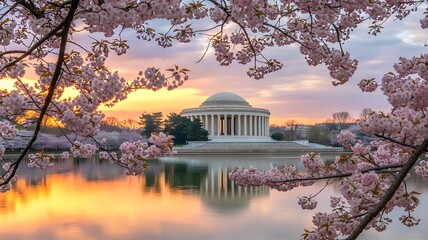 Obraz premium Jefferson memorial at sunrise surrounded by cherry blossoms