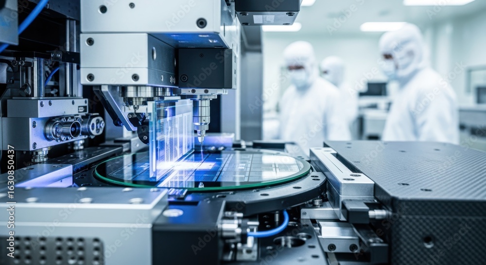 Poster side view of a photolithography machines reticle stage capturing intricate circuit patterns on silic