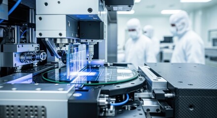 Side view of a photolithography machines reticle stage capturing intricate circuit patterns on silicon wafers in a sterile cleanroom.