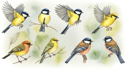 Watercolor painting of various small birds great tit and other species perched and flying illustration 100char