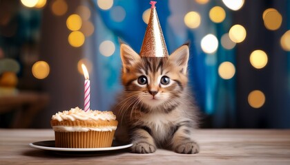 cute kitten in party hat with cake and candle perfect for celebrating special occasions and pet themed events