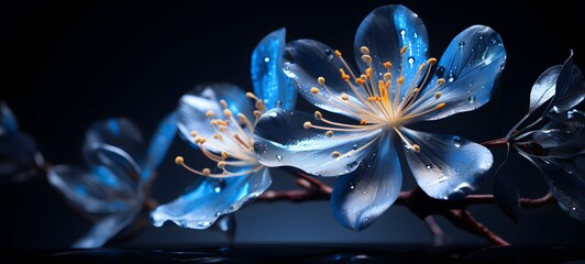 The black background contrasts sharply with the bright blue silver light emitted by jasmine Flower,generative AI