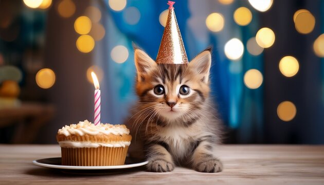 cute kitten in party hat with cake and candle perfect for celebrating special occasions and pet themed events
