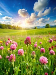 Fototapeta premium Meadow with pink clover and wildflowers on a sunny day