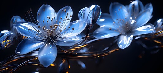 The black background contrasts sharply with the bright blue silver light emitted by jasmine Flower,generative AI
