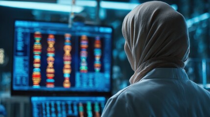 Scientist Analyzing Genetic Data on Computer Screen in Laboratory