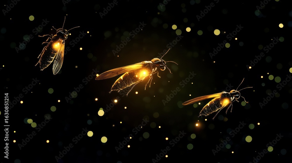 Aufkleber three wasps with glowing abdomens flying in a dark space with bokeh lights surrounding them all arou