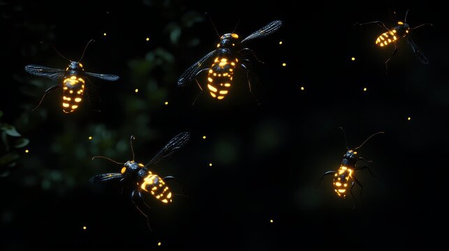 A group of glowing fireflies flying in the dark night with blurred background and small light dots