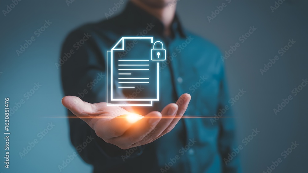 Poster businessman holding digital secure document icon with lock symbol representing data protection priva