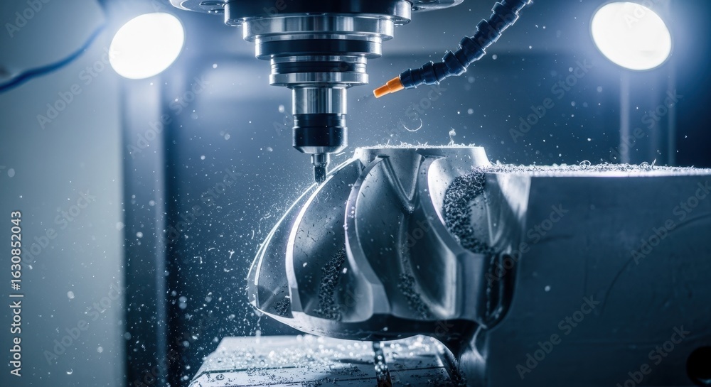 Poster machining center in action creating a hydro turbine runner blade from a solid metal block.