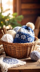 Cozy winter knitting basket
