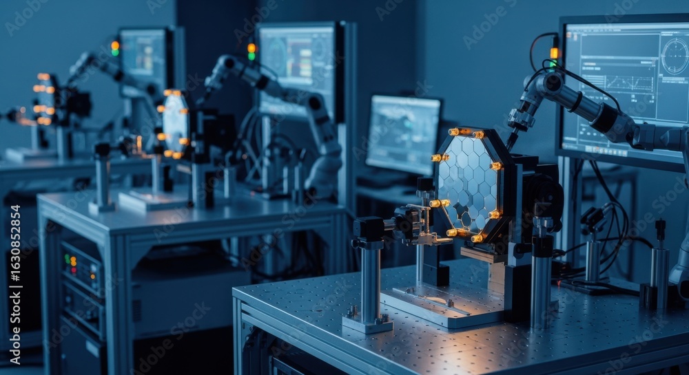 Poster laboratory environment showing synchronized actuator calibration stations for deformable mirrors in 