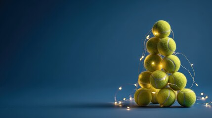 tennis balls shaped like a Christmas tree with fairy lights and copy space
