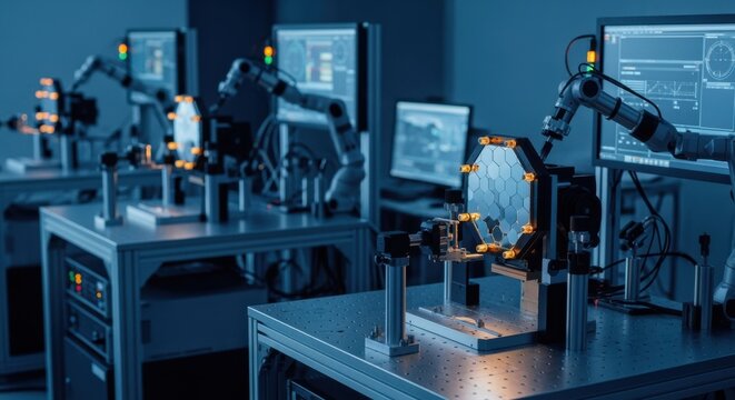 Laboratory environment showing synchronized actuator calibration stations for deformable mirrors in a hightech adaptive optics center.