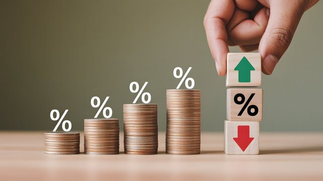 Stacked Coins With Percentage Signs And Hand Holding Arrow Blocks Representing Interest Rates Financial Growth Economy And Investment Trends

