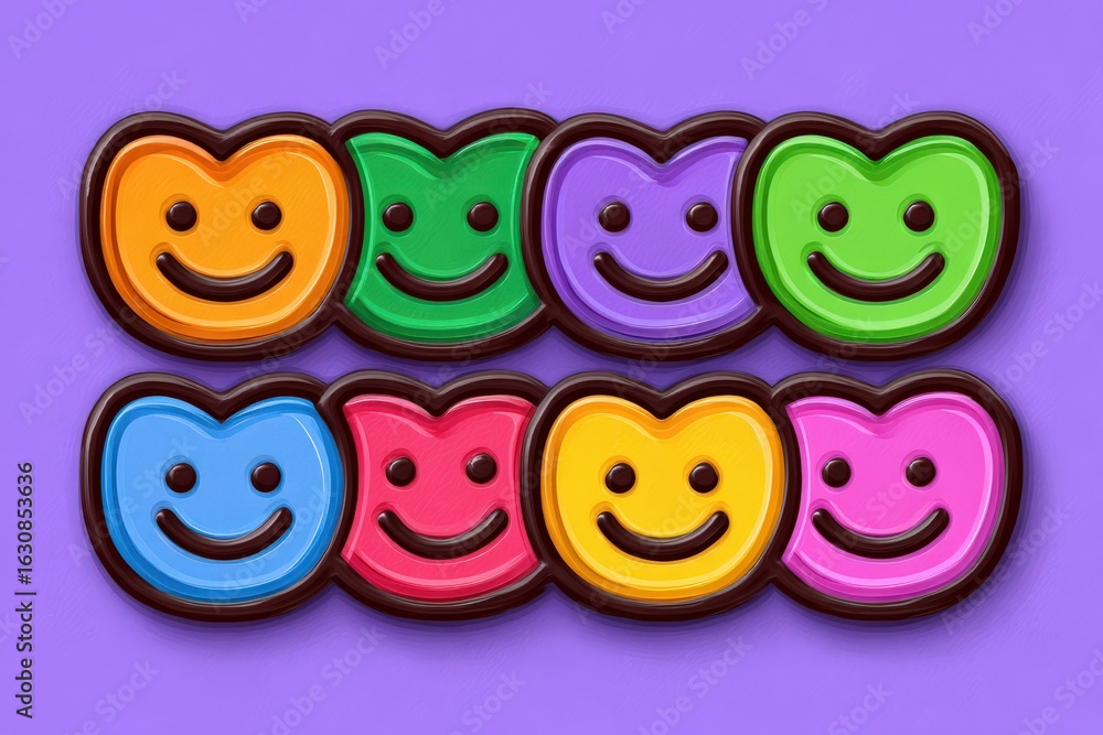 Aufkleber colorful array of smiling face-shaped candies stacked neatly against a vibrant purple backdrop prese