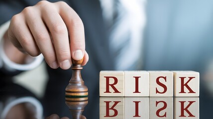 Businessman Holding Chess Pawn Near Wooden Blocks Spelling Risk Representing Business Strategy Challenge Decision And Uncertainty Concept

