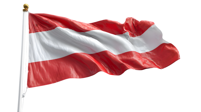 Austrian flag waving gently on a silver pole against a stark black background in the bright sunlight