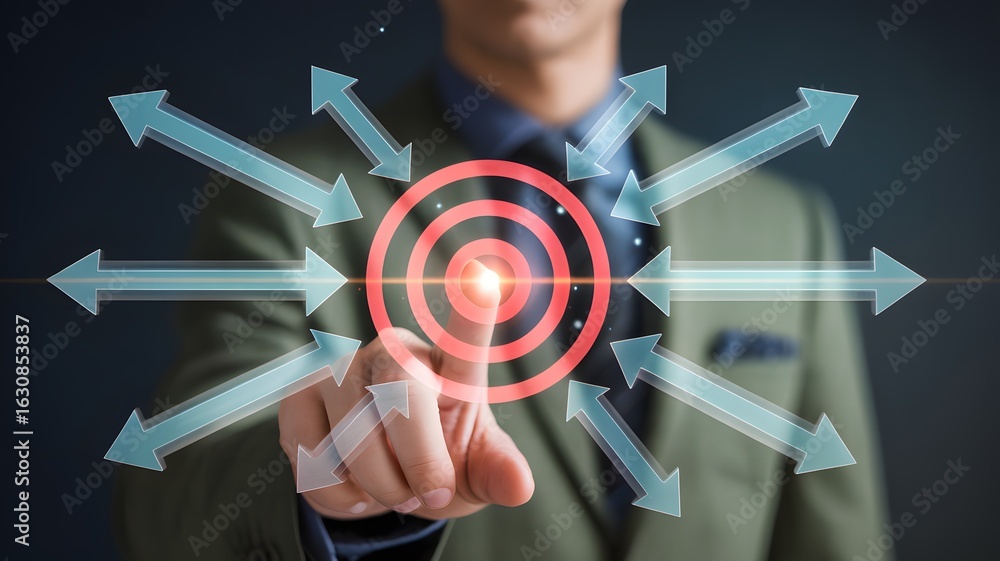 Poster businessman touching red target with multiple arrows pointing outward representing focus direction s