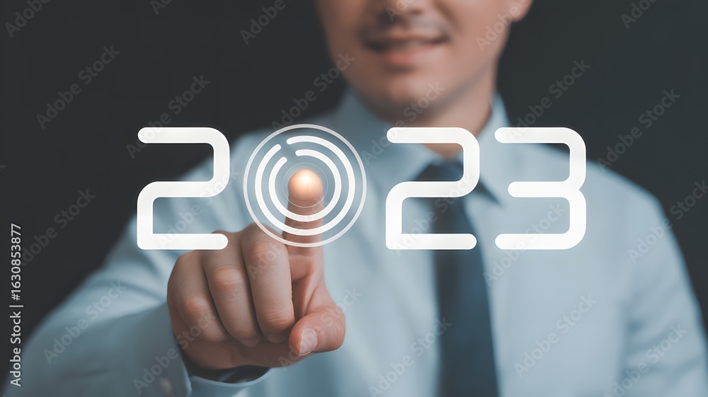 Poster businessman touching number two in 2023 on virtual screen representing new year start innovation fut