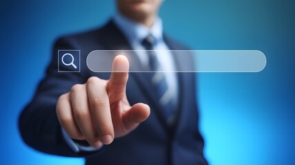 Businessman Pressing Search Icon On Transparent Bar Representing Internet Browsing Web Search Engine Online Information And Technology

