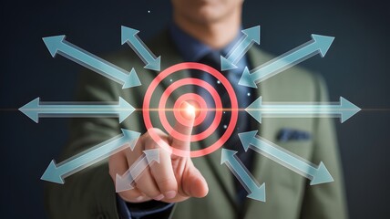 Businessman Touching Red Target With Multiple Arrows Pointing Outward Representing Focus Direction Strategy And Business Expansion

