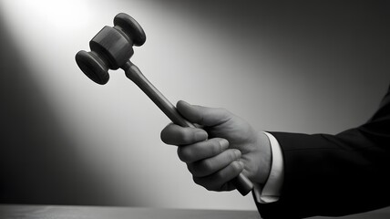Monochrome Image Of Hand Holding Wooden Gavel Representing Law Justice Legal Authority Court Judgment And Decision Making Concept


