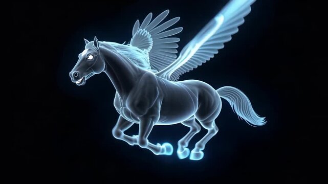 Futuristic Neon Pegasus Animation &ndash; Glowing Mythical Horse with Wings on Dark Background