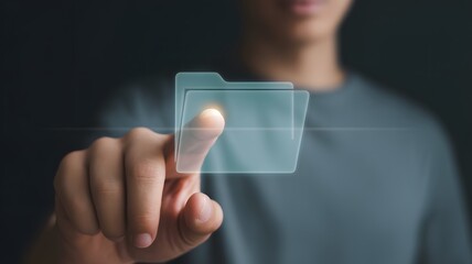 Man Touching Virtual Transparent Folder On Digital Screen Representing Data Access File Management And Future Technology Concept


