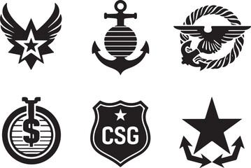 Set of bold military-style emblems and symbols with clean, modern design