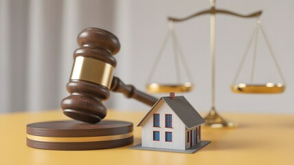 Gavel With House Model And Justice Scale On Table Representing Real Estate Law Property Rights Legal Decision And Home Ownership

