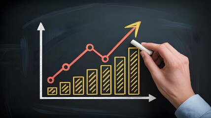 Hand Drawing Upward Graph With Growing Bar Chart And Arrow On Blackboard Representing Business Success And Financial Growth

