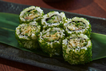 A Delicious Close-Up of Colorful Sushi Rolls Featuring Fresh Ingredients Wrapped in Seaweed and...