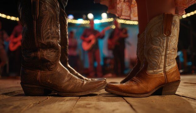 Close-up of men's cowboy boots in front of women's boots on a wooden floor, in profile, as if kissing. Warm, cinematic lighting. Country music festival in background. A romantic moment. - Powered by Adobe