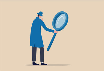 Search, discover, analyze report or specialist investigate and research for insight information concept, curiosity guy detective holding huge magnifying glass and thinking about evidence and result