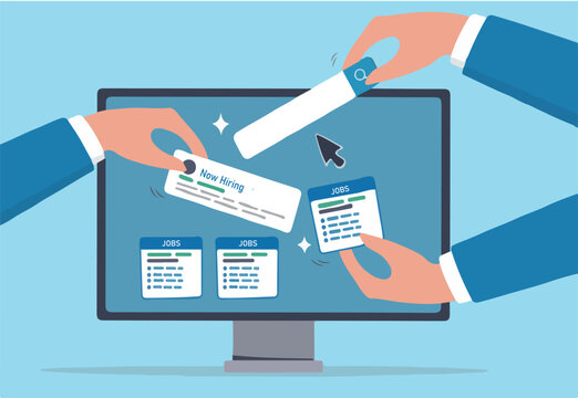 Job posting on recruitment website, employment or career opportunity online, HR or human resource offer help wanted or hiring position vacancy, HR hand posting job vacancy on online career website